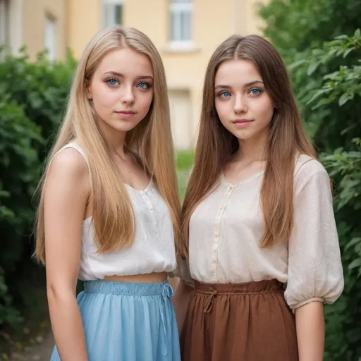 Prompt: Two girls, about twenty years old, one with slightly short blond hair and blue eyes, and the other brunette with brown eyes and long hair, standing next to each other in beautiful clothes.