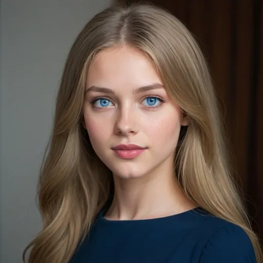 Prompt: A young lady with a very long, dark blonde haircut. She has blue eyes, full lips, beautiful features. She wears elegant clothes and short dresses. She has a beautiful body and is tall. She looks like a political or important figure.