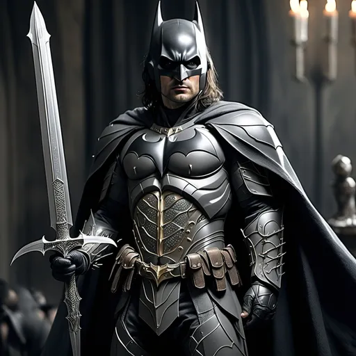 Prompt: Mix Batman with Aragorn. Gondor Armour with bat symbol. Holding the sword Anduril from the Return of the king movie