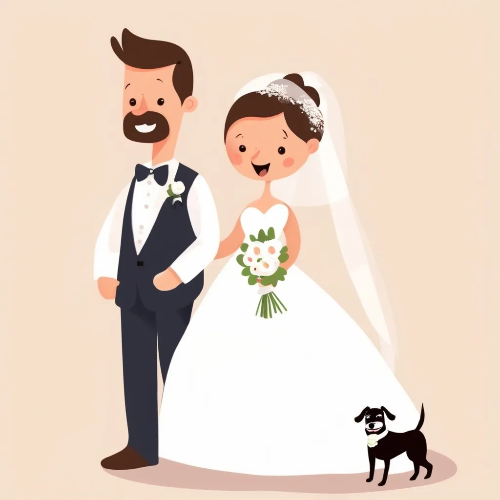 Prompt: Bride and groom, one dog, illustration character design, cartoon