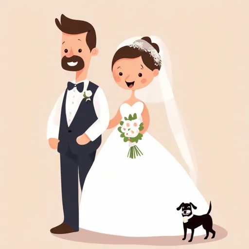 Prompt: Bride and groom, one dog, illustration character design, cartoon