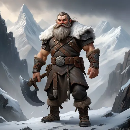 Prompt: Envision a rugged, middle-aged Russian mountain dwarf, his weathered face telling stories of countless battles and harsh winters. He stands resolute against a backdrop of towering, snow-capped peaks glistening under an overcast sky, hinting at an impending snowstorm. His stout frame is clad in intricately crafted, dark leather armor adorned with frost-kissed metal accents, and a thick, braided beard frames his determined expression. Clutched in his powerful hands is a great axe, its blade shimmering with a cold, metallic gleam, reflecting the dull light around him. Wisps of frozen breath escape his lips, and the surrounding air is thick with a palpable tension, as if nature itself holds its breath in anticipation. The scene unfolds in a dark fantasy concept art style, emphasizing the dramatic atmosphere of this stoic warrior’s vigilant stance.