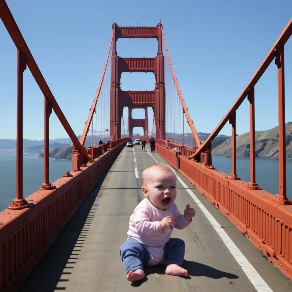 Prompt: meth heads eating a baby on the golden gate bridge in plain sight
