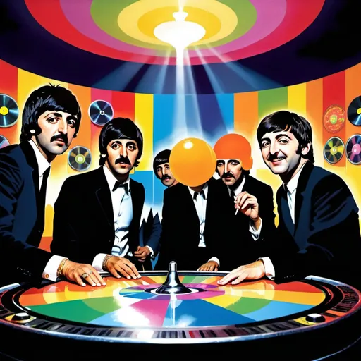Prompt: Album Cover of the Beatles with DJ BHK mixing their Magical Mystery Tour Album in crowded Night Club.
Photorealism, Art Deco, Pop ART.
