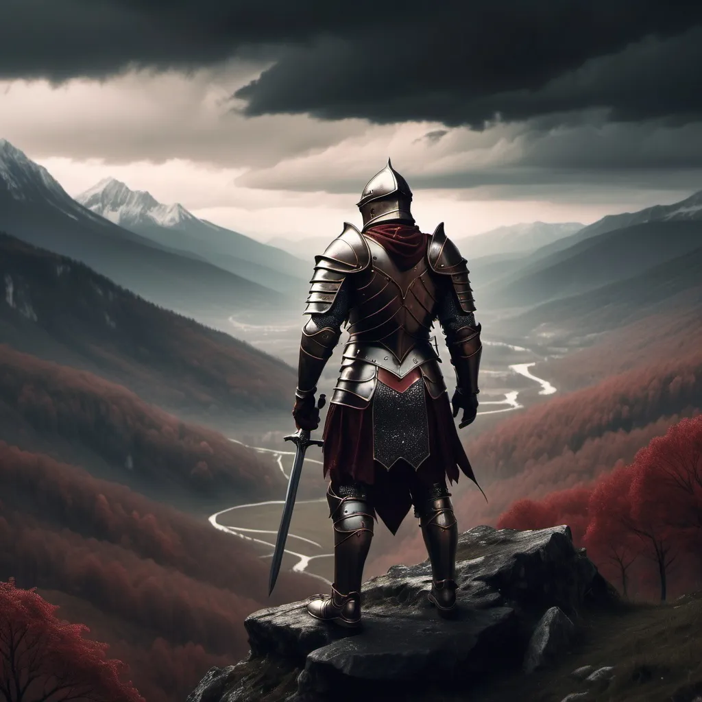 Prompt: An image in dark fantasy style. A warrior in medieval armor at the top of a valley. Below, a dark forest, with high mountains in the background, and on the horizon, the sky with dark clouds and a reddish hue.