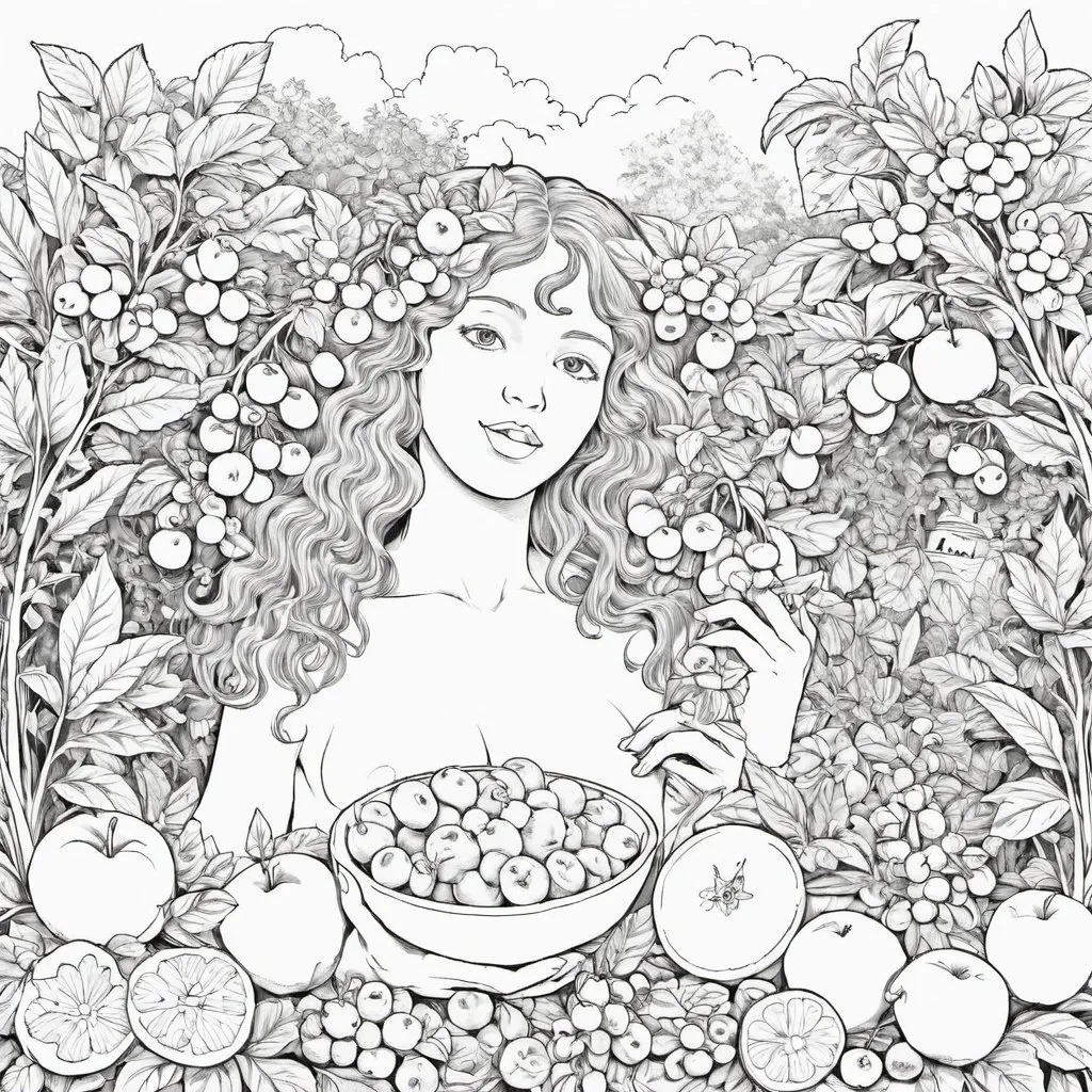 Prompt: the spirit of money in a garden with lots of fruit
