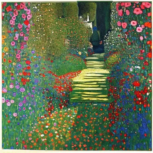 Prompt: Klimt garden flowers springtime path