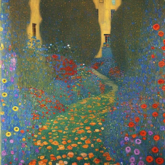 Prompt: Klimt garden flowers springtime path