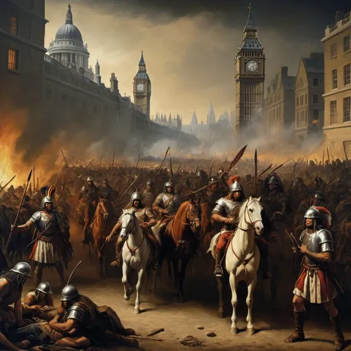 Prompt: Historical painting of the 780 AD London invasion, Goya and Da Vinci influences, advanced Native American technology, detailed depiction, oil painting, dramatic lighting, intense atmosphere, historical accuracy, highres, detailed, gothic, diverse characters, London invasion, advanced technology, dramatic lighting, historical accuracy, oil painting