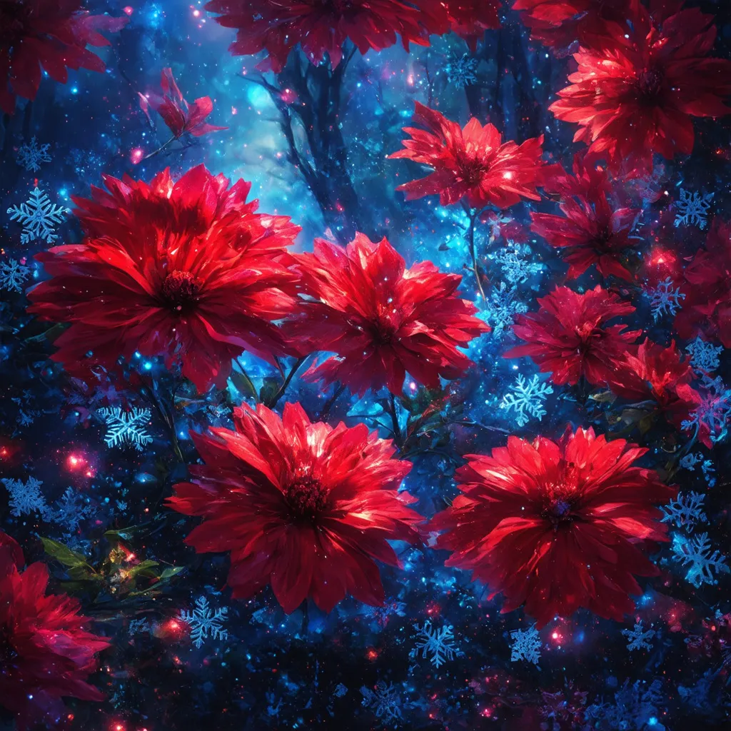 Prompt: (abstract colorful composition), vivid red flowers, deep blue accents, playful snowflakes, enchanting eye-catching features, warm and inviting tones, dreamlike ambiance, captivating and whimsical design, expertly arranged elements, high-depth cinematic masterpiece, ultra-detailed with a magical flair, soft lighting highlights, surreal atmosphere, harmonious blend of colors and shapes.