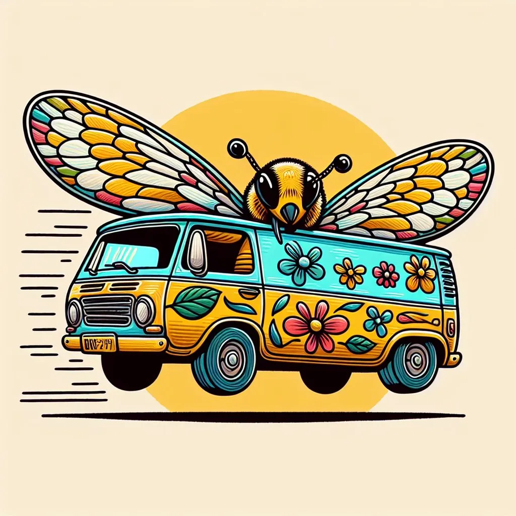 Prompt: Clip art style illustration of flat van with bee wings on the side
