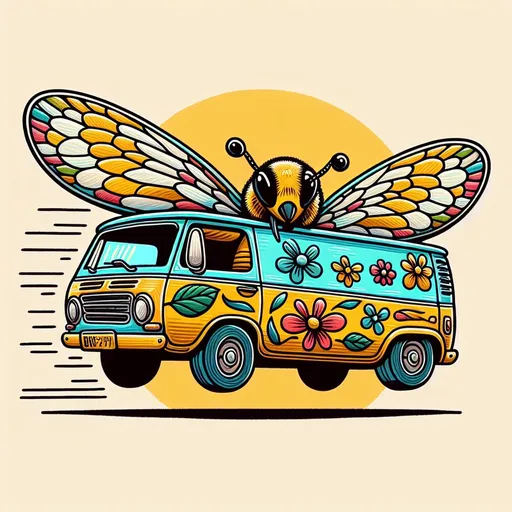 Prompt: Clip art style illustration of flat van with bee wings on the side
