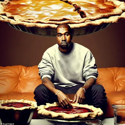 Prompt: kanye floating towards a pie