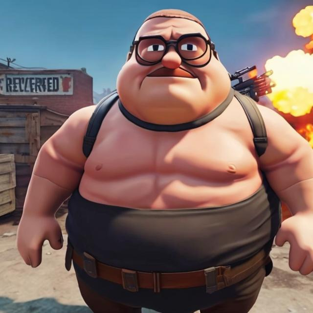 Prompt: peter griffin in pubg mobile with a big black lois griffin