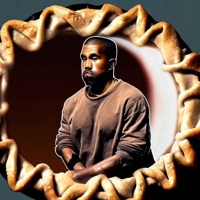 Prompt: kanye floating towards a pie