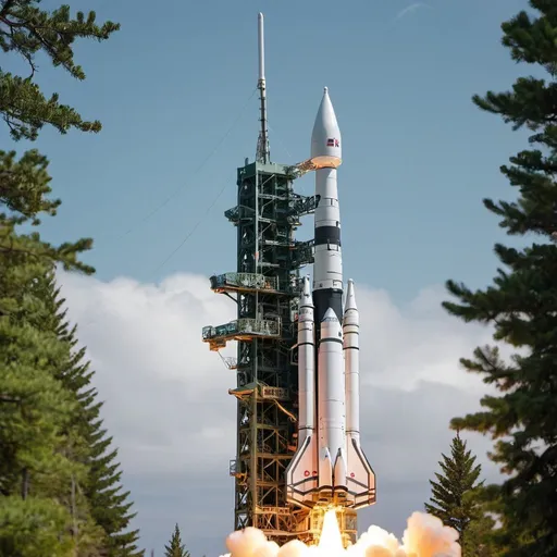 Prompt: image on an evergreen trees background of a rocket on its launch pad with a radar pointing up on its nose that is built from tens of small missiles
