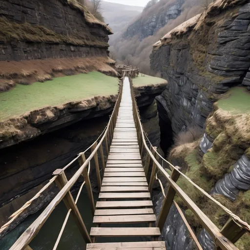 Prompt: wobbly old wooden footbridge suspended over a gorge. Some of hte planks are missing. View the bridge looking down  from above. The gorge is  very deep, scary and very wide.