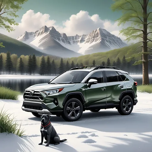 Prompt: Dark grey 2020 Rav4, realistic details, parked by Lake, skyline visible in the background, snow gently falling in bright daylight, a serene atmosphere reflecting tranquility, beautiful dog sitting contently by the car, adding warmth to the chilly scene, ultra-detailed, photorealistic, capturing the essence of a peaceful winter day. Car stands on green grass.