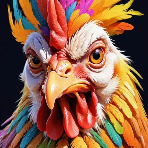 Prompt: Detailed portrait of a crazy chicken, vibrant and chaotic feathers, whimsical and absurd expression, high resolution, digital painting, cartoonish style, vivid color palette, exaggerated features, comical and playful, wacky and energetic vibe, best quality, hi-res, digital painting, cartoonish, vibrant colors, whimsical, exaggerated features, comical, playful, energetic, chaotic feathers