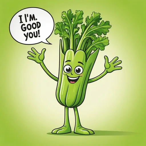Prompt: Talking happy celery stalk with hands and legs with a word bubble saying 'I'm good for you" vibrant cartoon style, bright and cheerful colors, high quality, detailed vegetable, animated, playful, whimsical, cute, joyful expression, friendly, energetic pose, organic textures