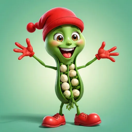 Prompt: Talking happy pea with hands and legs, vibrant cartoon style, high quality, child, wearing a red cap, detailed vegetable, bright colors, cheerful, animated, playful, whimsical, cute, joyful expression, friendly, energetic pose, organic textures, anime, vibrant colors, detailed, professional, cheerful lighting, anime 