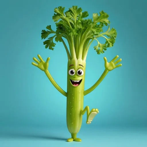 Prompt: a talking happy 
celery stalk with hands and legs jumping 
