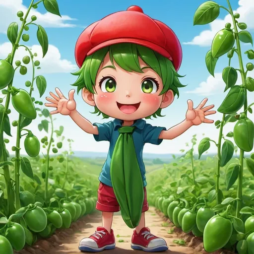 Prompt: Talking happy pea with hands and legs, vibrant anime style, high quality, child, wearing a red cap, detailed vegetable, bright colors, cheerful, animated, playful, whimsical, cute, joyful expression, friendly, energetic pose, organic textures, anime, vibrant colors, detailed, professional, cheerful lighting, anime, with a country background