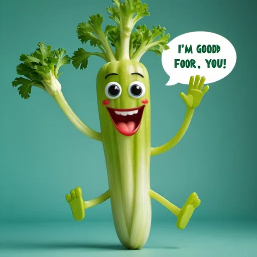 Prompt: a talking happy 
celery stalk with hands and legs jumping with a word bubble saying "I'm good for you, eat me"
