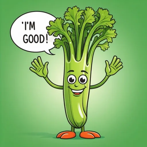 Prompt: Talking happy celery stalk with hands and legs, word bubble saying 'I'm good for you, eat me" vibrant cartoon style, bright and cheerful colors, high quality, detailed vegetable, animated, playful, whimsical, cute, joyful expression, friendly, energetic pose, organic textures