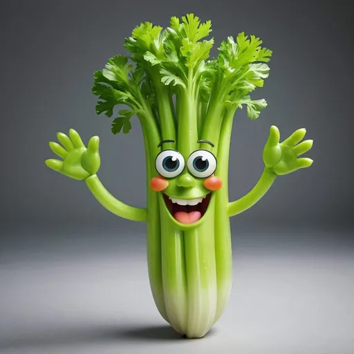 Prompt: a talking happy 
celery stalk with hands
