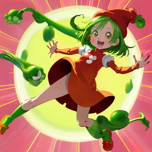 Prompt: Talking happy pea with hands and legs, vibrant anime style, high quality, child, wearing a red cap, detailed vegetable, bright colors, cheerful, animated, playful, whimsical, cute, joyful expression, friendly, energetic pose, organic textures, anime, vibrant colors, detailed, professional, cheerful lighting, anime, with a country background