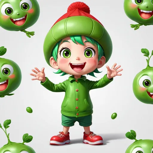 Prompt: Talking happy pea with hands and legs, vibrant anime style, high quality, child, wearing a red cap, detailed vegetable, bright colors, cheerful, animated, playful, whimsical, cute, joyful expression, friendly, energetic pose, organic textures, anime, vibrant colors, detailed, professional, cheerful lighting, anime 