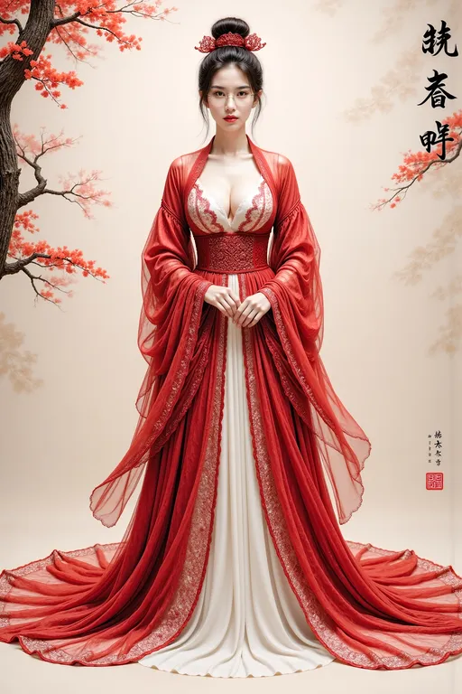 Prompt: (masterpiece), Chinese brush painting, breathtaking ancient woman, (priest dress), elegant full body pose, (frontal view), highlighted intricate details, vibrant ink strokes, harmonious color palette, showcasing grace and beauty, winning award quality, (symmetric face), (symmetric body), ultra-detailed, 8K resolution, capturing cultural essence in exquisite artistry, serene and enchanting ambiance.