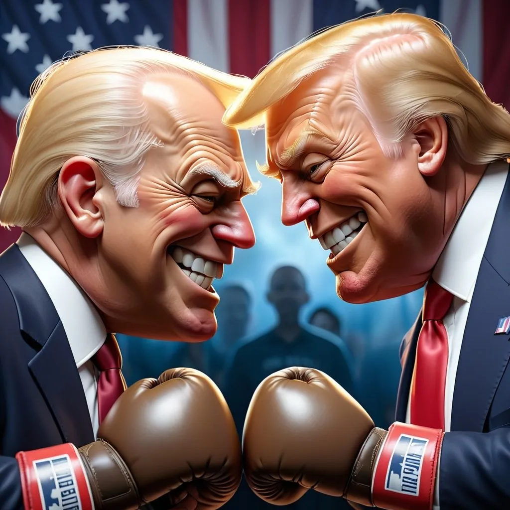 Prompt: photorealistic image of Jo Biden and Donald Trump smiling engaged in a boxing match. In the background a large American flag with the words FACE TO FACE. Cinema lights, ultra high definition ultra HD