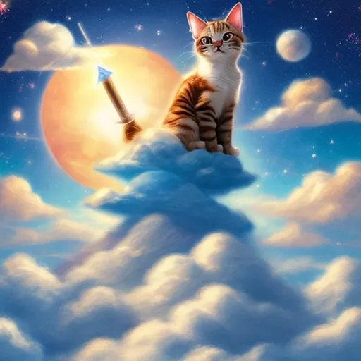 Prompt: A cat sitting on a cloud in the sky with a magic wand