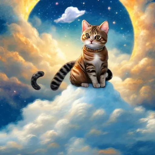 Prompt: A cat sitting on a cloud in the sky with a magic wand