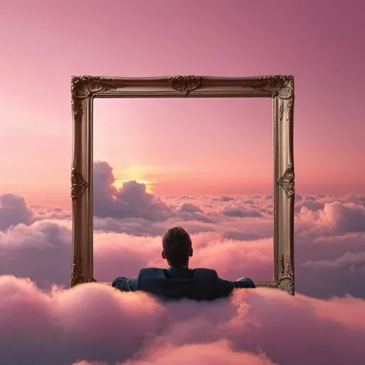 Prompt: a zoomed out shot of a fancy picture frame. inside the pictue, a pink sunset with a man lying down on clouds 