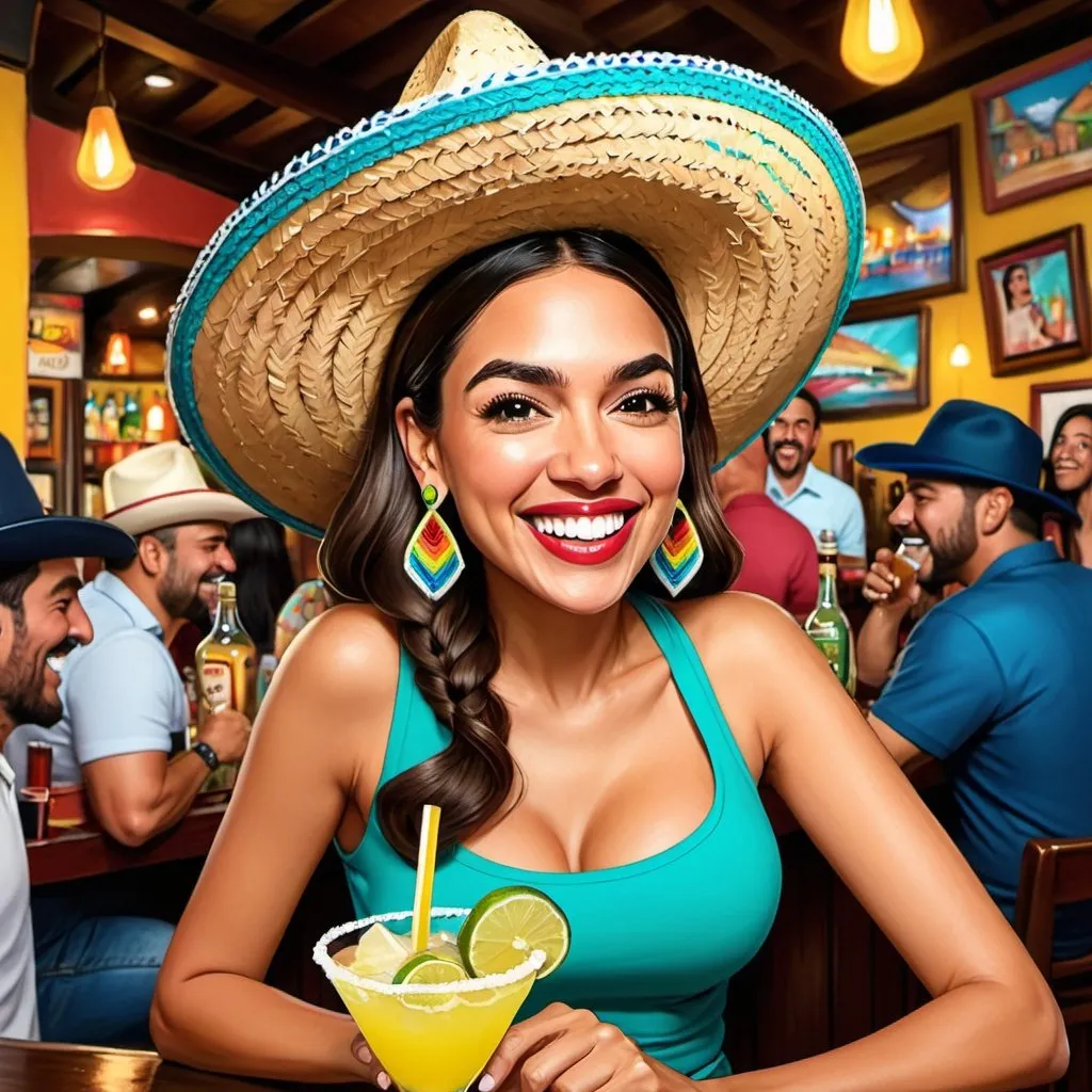 Prompt: Hilarious detailed cartoon caricature of Alexandria Ocasio-Cortez wearing a colorful sombrero and smiling broadly with her big mouth as she drinks margaritas with her male hispanic friend inside a busy Mexican bar and grill.