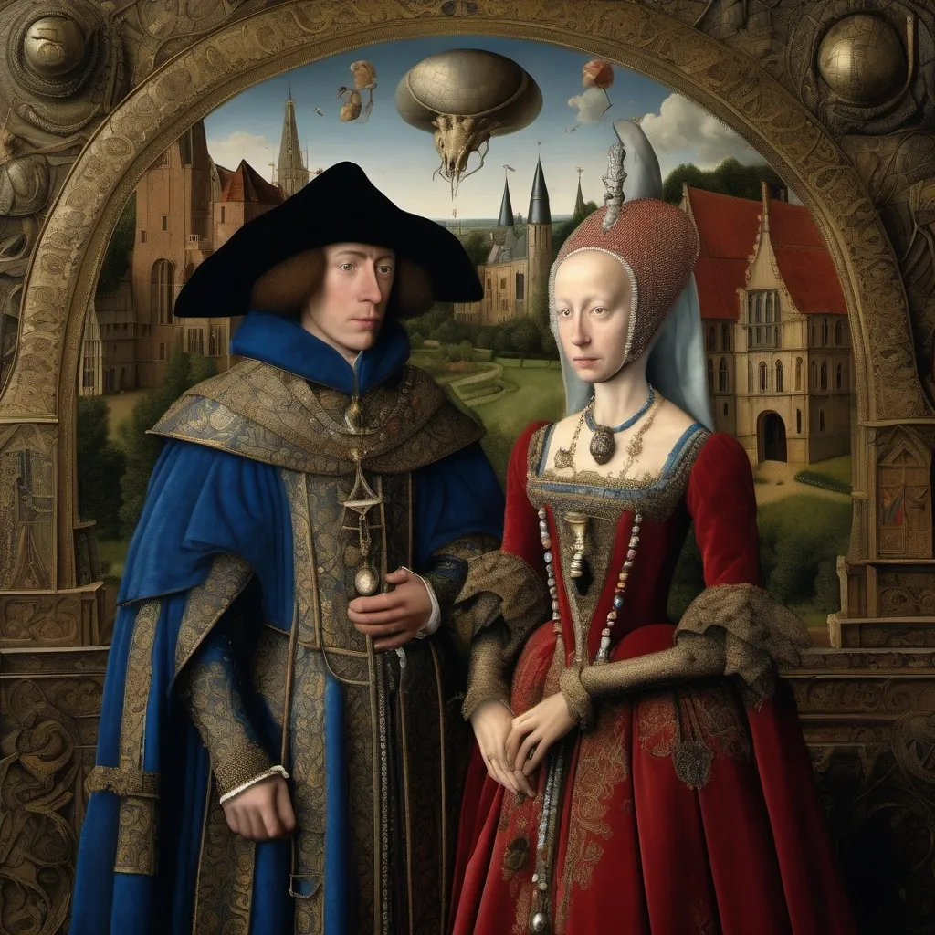 Prompt: A highly detailed oil painting in the Flemish style of Jan Van Eyck, set in Holland, circa 1605. Portrait of an Alien Couple. "The Greys" extraterrestre al couple. The scene depicts an extraterrestrial couple in the foreground, dressed in luxurious, intricately detailed medieval garments. Their clothing features rich fabrics, ornate embroidery, and intricate jewelry, showcasing the wealth and status of the couple. The couple's otherworldly features are subtle yet distinctive, blending seamlessly with the period's aesthetic. In the background, a meticulously detailed medieval landscape stretches out, featuring lush trees, quaint houses, grand castles, winding rivers, and a cloudy sky. The entire scene is rendered with the precision and depth characteristic of Jan Van Eyck's masterpieces, capturing the essence of 17th-century Flemish art.