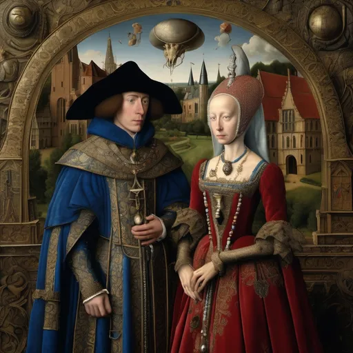 Prompt: A highly detailed oil painting in the Flemish style of Jan Van Eyck, set in Holland, circa 1605. Portrait of an Alien Couple. "The Greys" extraterrestre al couple. The scene depicts an extraterrestrial couple in the foreground, dressed in luxurious, intricately detailed medieval garments. Their clothing features rich fabrics, ornate embroidery, and intricate jewelry, showcasing the wealth and status of the couple. The couple's otherworldly features are subtle yet distinctive, blending seamlessly with the period's aesthetic. In the background, a meticulously detailed medieval landscape stretches out, featuring lush trees, quaint houses, grand castles, winding rivers, and a cloudy sky. The entire scene is rendered with the precision and depth characteristic of Jan Van Eyck's masterpieces, capturing the essence of 17th-century Flemish art.