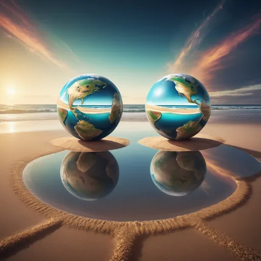 Prompt: Planet Earth hovering on a beach, two facing mirrors reflecting the earth, surreal digital painting, multiple reflections, high quality, surrealism, beach setting, surreal lighting, earth reflections, digital art, dreamlike, detailed sand, abstract, highres, vibrant colors, atmospheric lighting