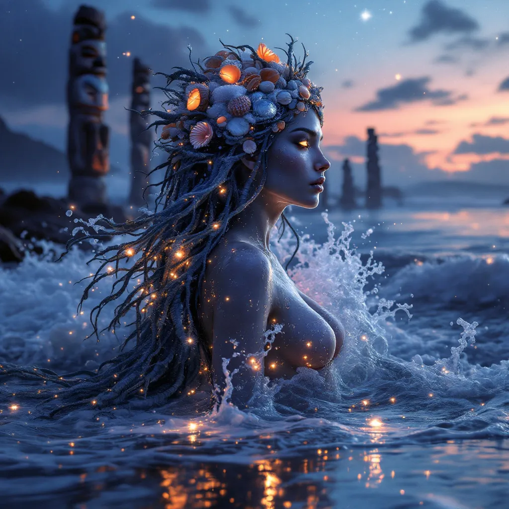 Prompt: 
A mystical, feminine spirit rises from the ocean at twilight, her body made of shimmering water and kelp, crowned with seashells and seafoam. Her eyes glow softly as she gazes toward the shore, protecting the Lafkenche people. Behind her, crashing waves glow with bioluminescence. On the shore, a line of driftwood totems stands like silent guardians. The sky is painted in indigo and deep violet hues, with stars reflecting in the waves.