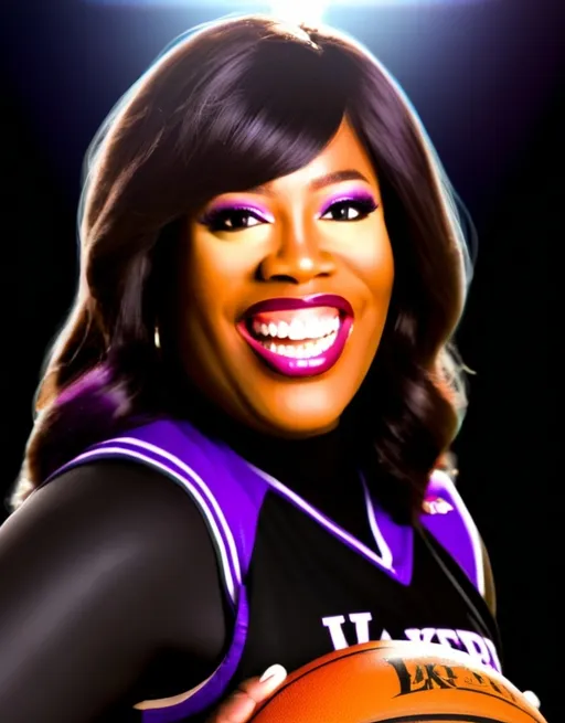 Prompt: Sherry in a vibrant purple Lakers uniform, confidently holding a basketball in each hand. The basketball court background is bustling with energy under bright arena lights, capturing a dynamic sports vibe. The scene reflects an exhilarating atmosphere and vibrant colors, designed for promotional purposes. In the style of concept art, suitable for a video art piece, the image portrays a high-quality cinematic masterpiece.