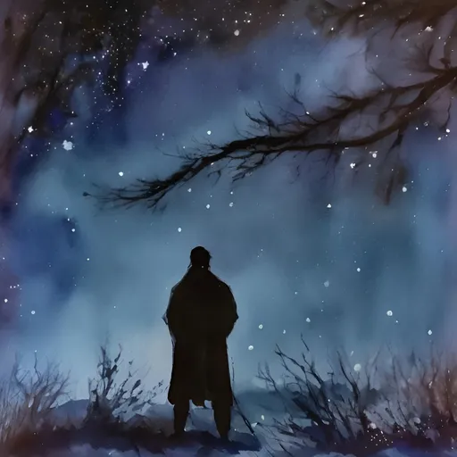 Prompt: paint of a man who look the stars in a dark winter night