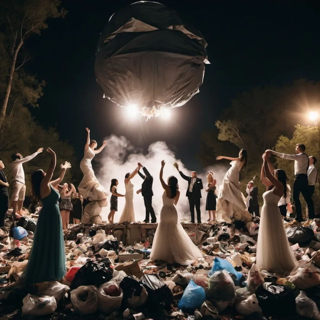 Prompt: Tote Leute feiern draussen in der dunklen Nacht eine Hochzeit, sie stehen neben einem Abfallberg, sie haben umgekehrte Hände und Füße, horror 