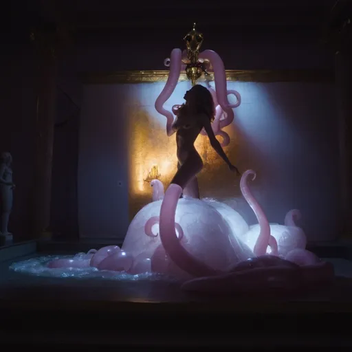 Prompt: A hermaphrodite, (trans-woman) standing on an altar in a golden decorated temple-like room, behind her are pink inflatable tentacles, there is light from above and it looks like she is washed by the golden light, --no octopus eyes
