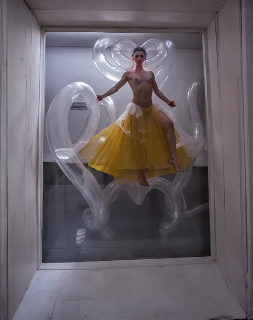 Prompt: a hermaphrodite person is standing in a glass box with a swirl of transparent balloons around her body and a transparent inflatable swirl around her neck, balloons like bananas, David LaChapelle, transgressive art, iris van herpen, a marble sculpture