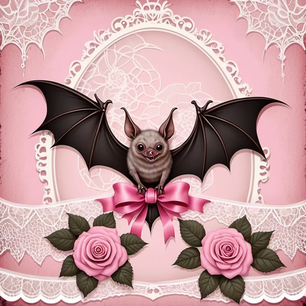 Prompt: vintage bats with pink roses, lace and ribbon pink background