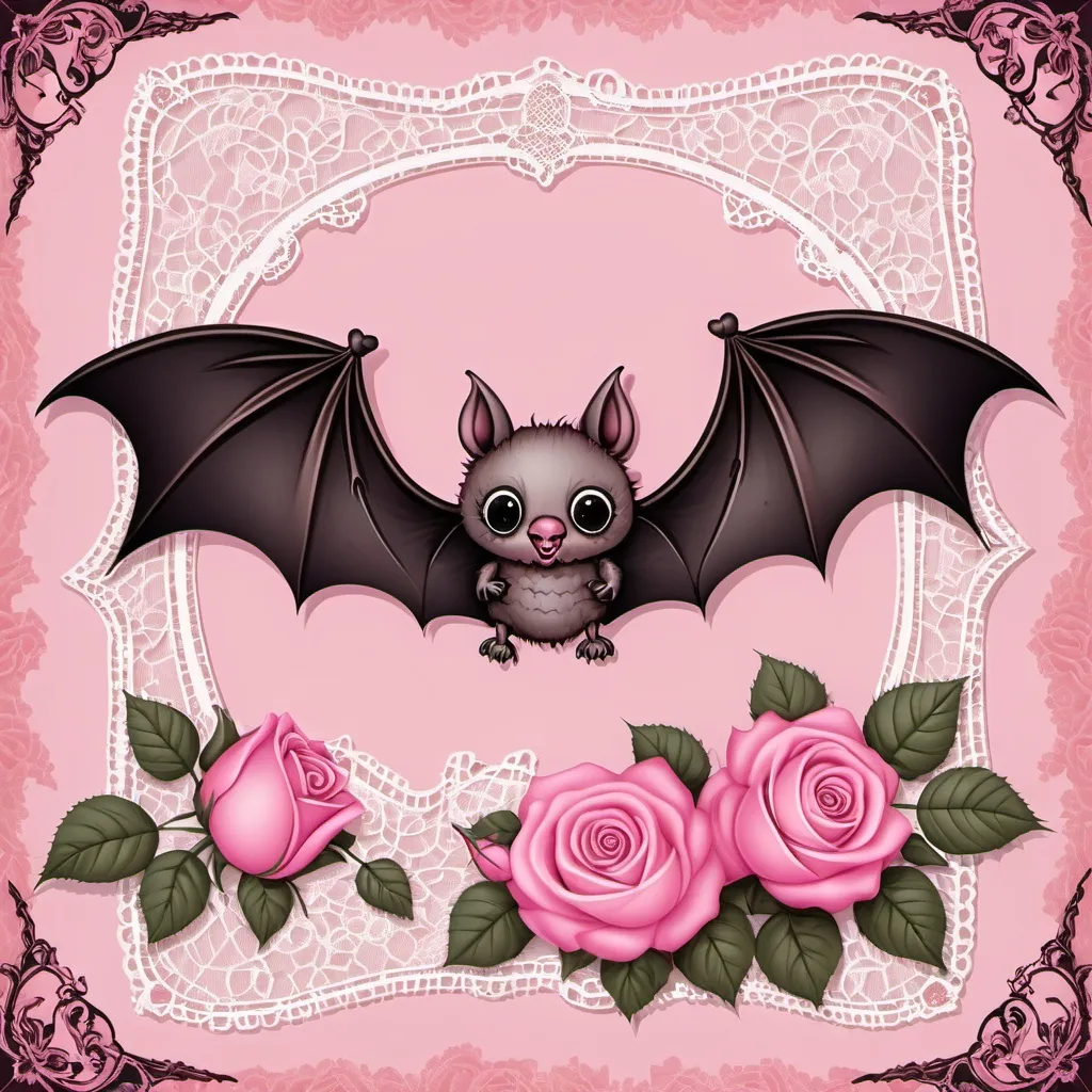 Prompt: vintage bats with pink roses, lace and ribbon pink background