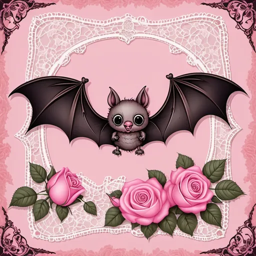 Prompt: vintage bats with pink roses, lace and ribbon pink background